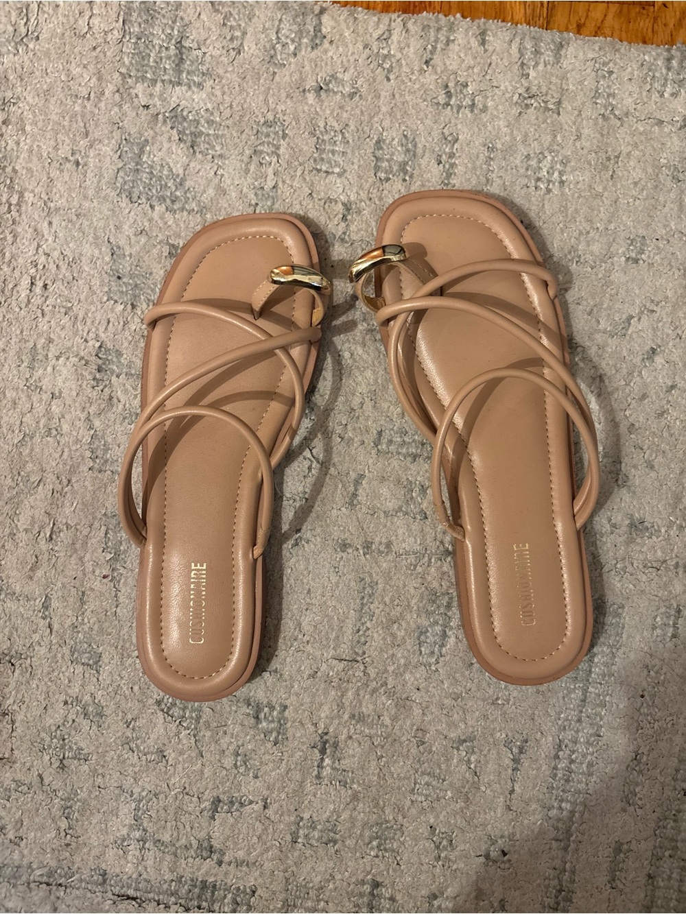 Cushannoire Blush Beige Strappy Flat Sandals with Gold Accent
